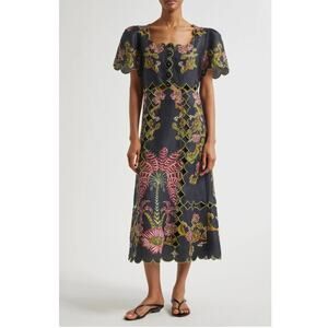 Farm Rio Ravenala Floral Short Sleeve Midi Dress Small